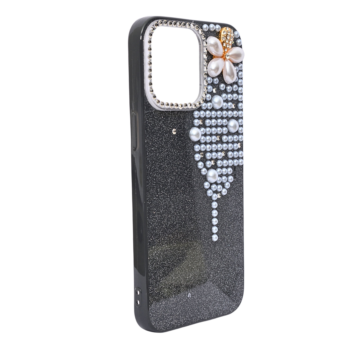 Luxury Glitter Finish with 3D Pearl Flower Design Phone Case for iPhone 14 Pro Max