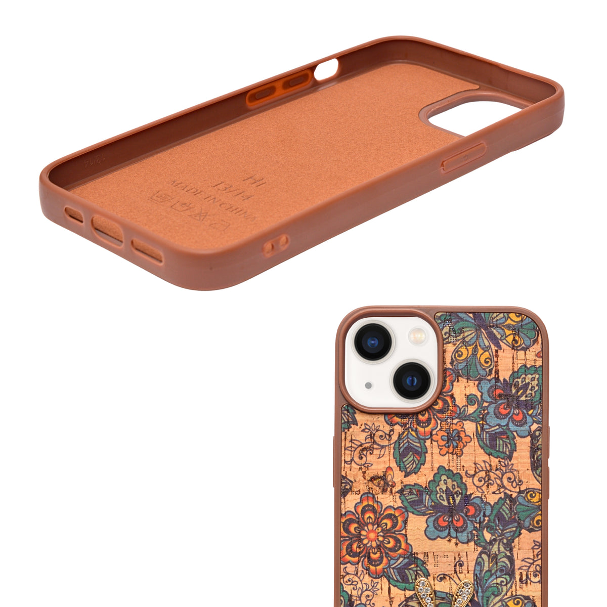 Bohemian Ethnic Print Cork Texture with Pearl Detail Phone Case for iPhone 13 / 14