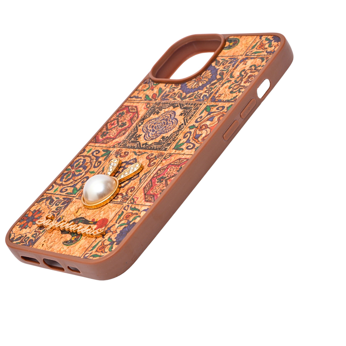 Bohemian Ethnic Print Cork Texture with Pearl Detail Phone Case for iPhone 13 / 14