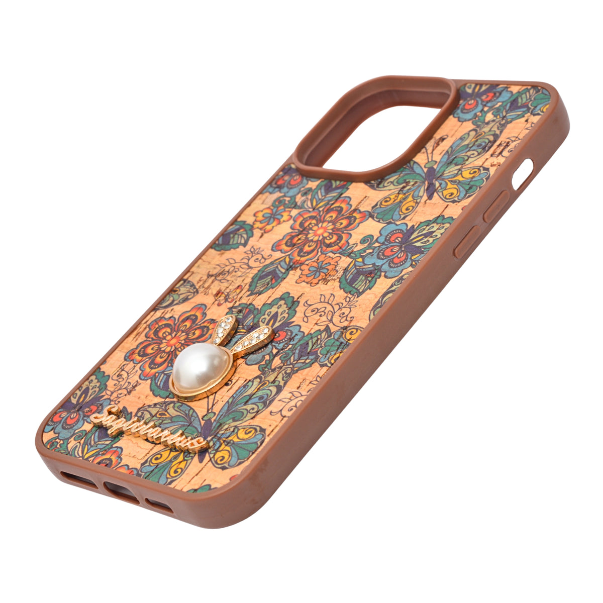 Bohemian Ethnic Print Cork Texture with Pearl Detail Phone Case for iPhone 14 Pro Max