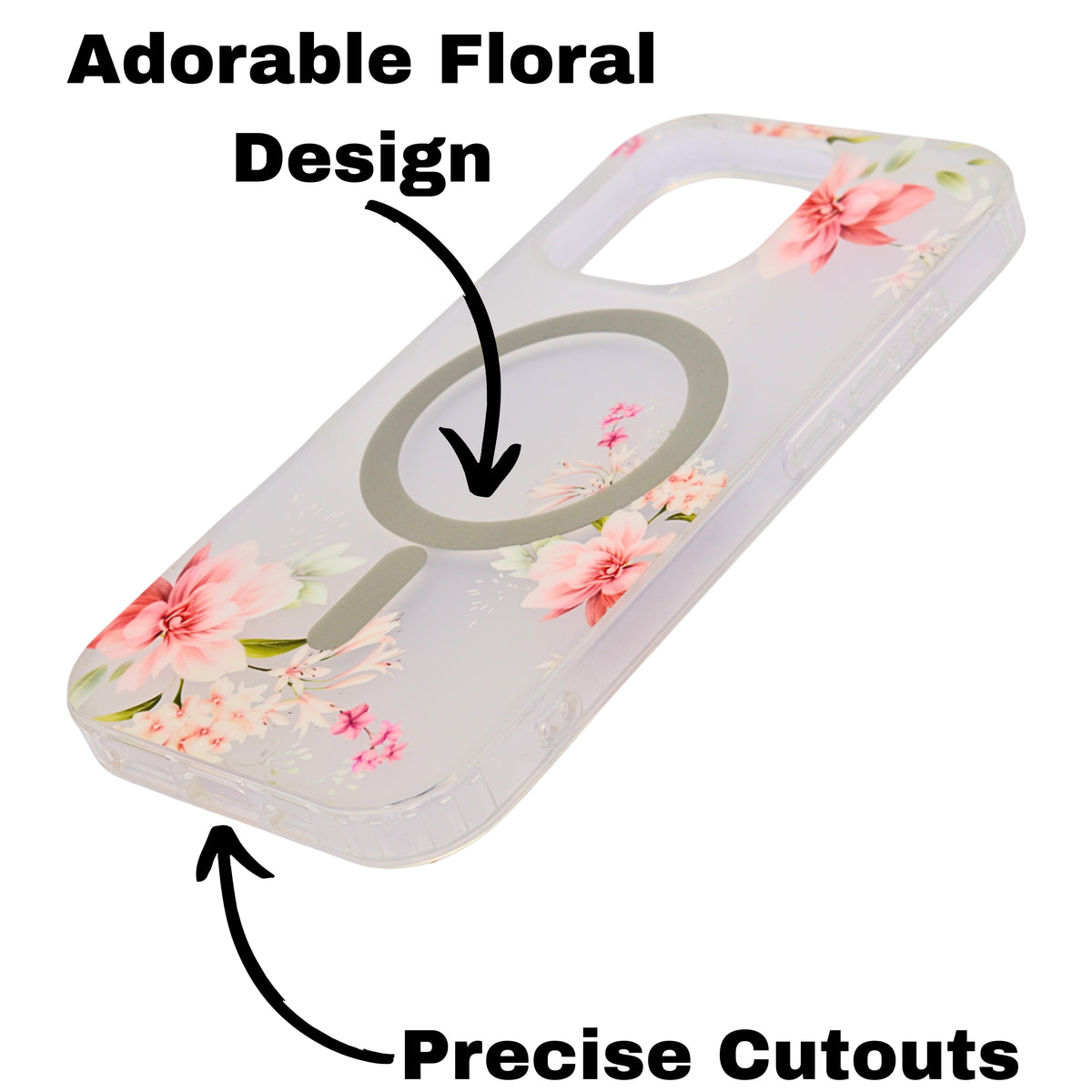 Transparent Floral MagSafe Compatible Phone Case for iPhone 16 Pro