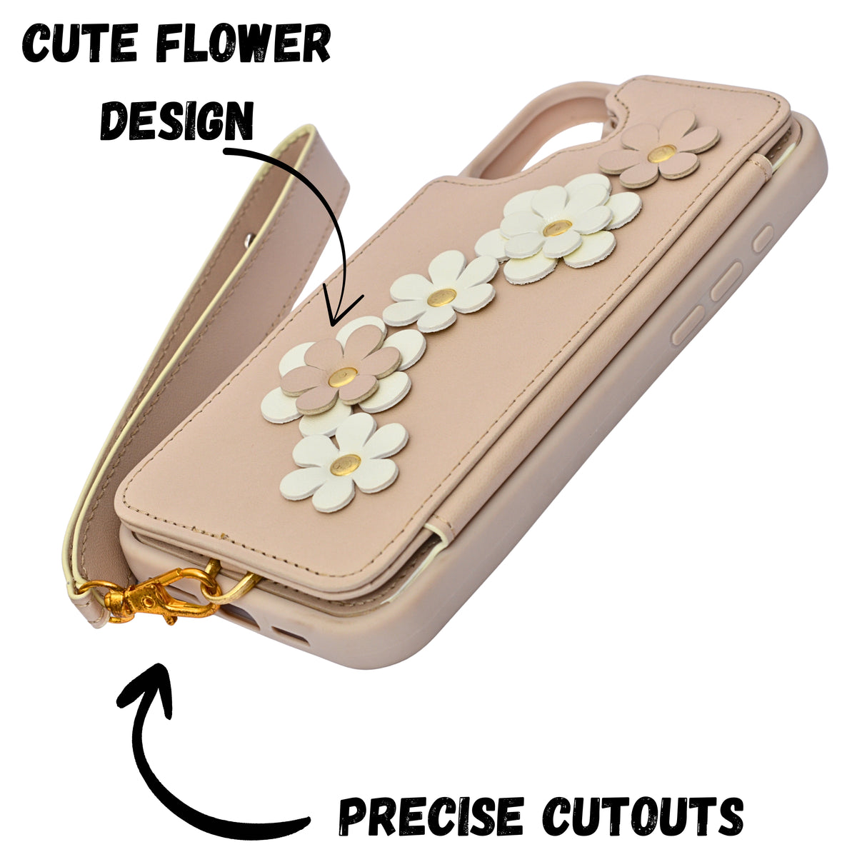 3D Flower Wallet Flip with Card Holder & Detachable Sling Phone Case for iPhone 16