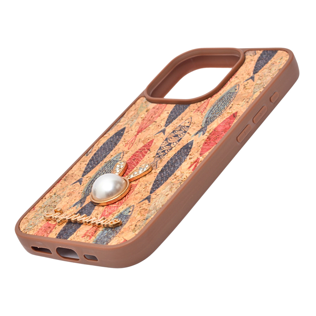 Bohemian Ethnic Print Cork Texture with Pearl Detail Phone Case for iPhone 15 Pro