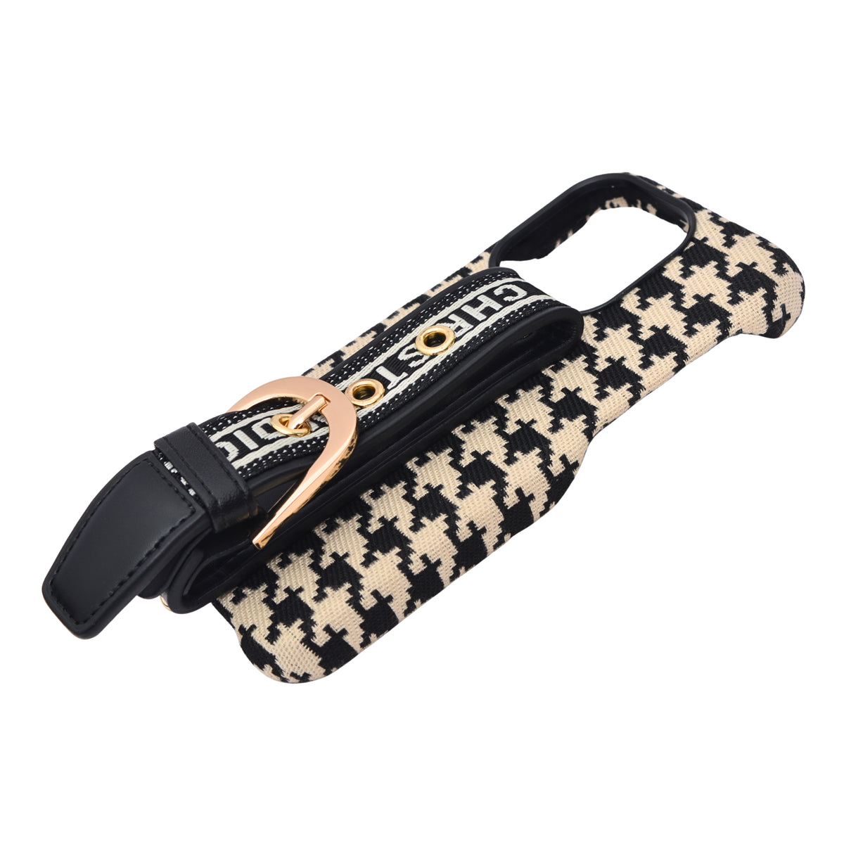 Dior Inspired Houndstooth Pattern with Adjustable Belt Buckle Holder Phone Case for iPhone 14 Pro