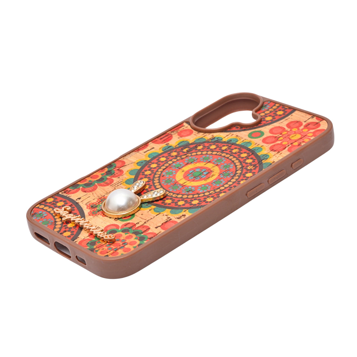Bohemian Ethnic Print Cork Texture with Pearl Detail Phone Case for iPhone 16
