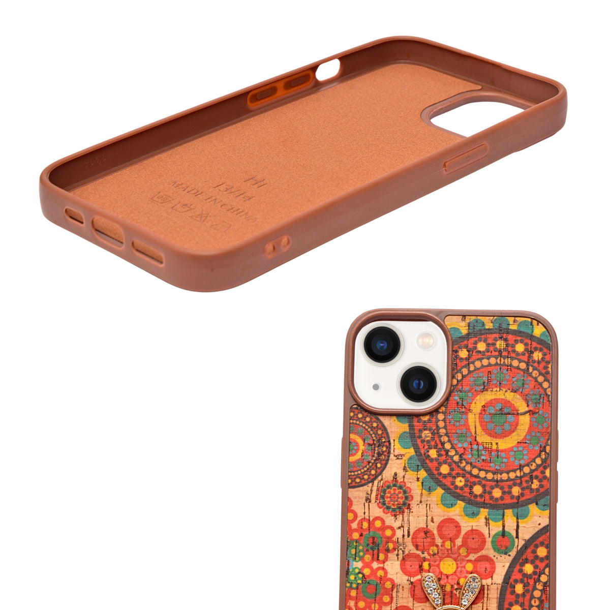 Bohemian Ethnic Print Cork Texture with Pearl Detail Phone Case for iPhone 13 / 14