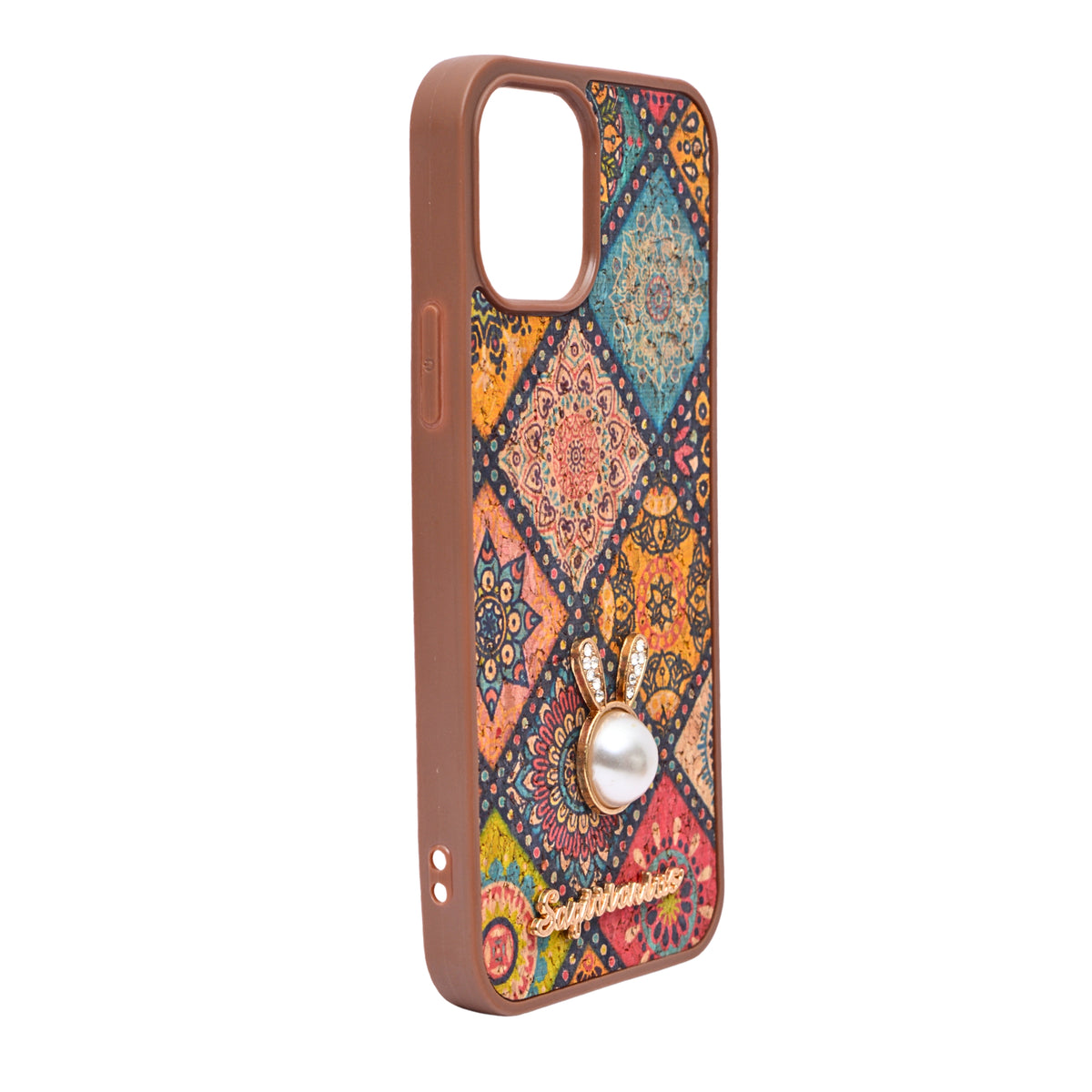 Bohemian Ethnic Print Cork Texture with Pearl Detail Phone Case for iPhone 12 / 12 Pro