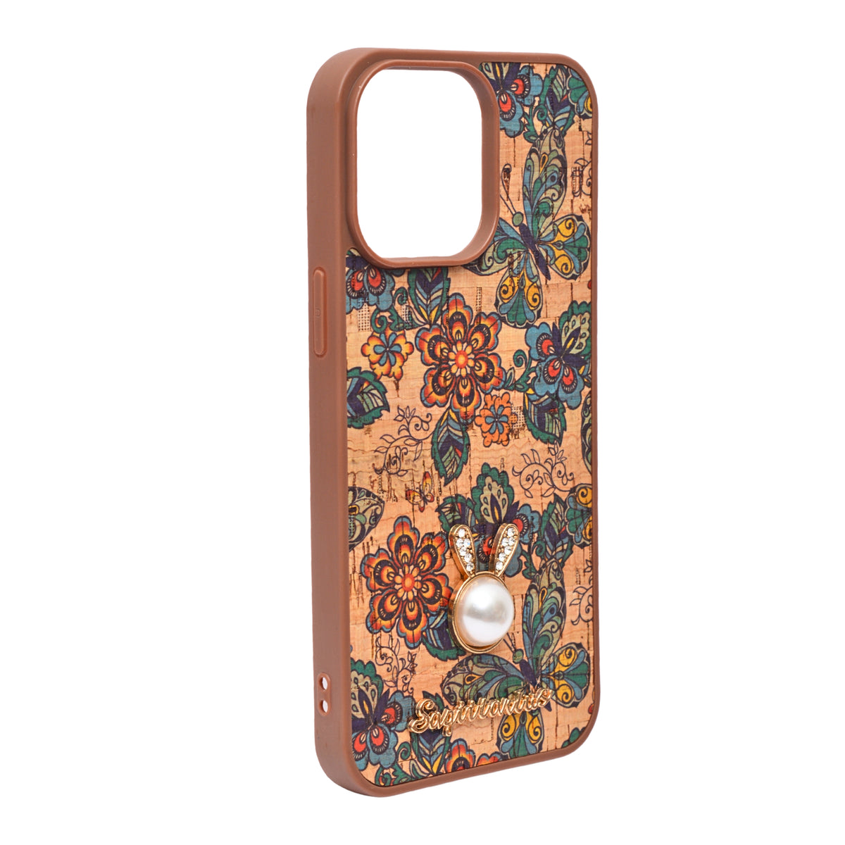 Bohemian Ethnic Print Cork Texture with Pearl Detail Phone Case for iPhone 14 Pro Max