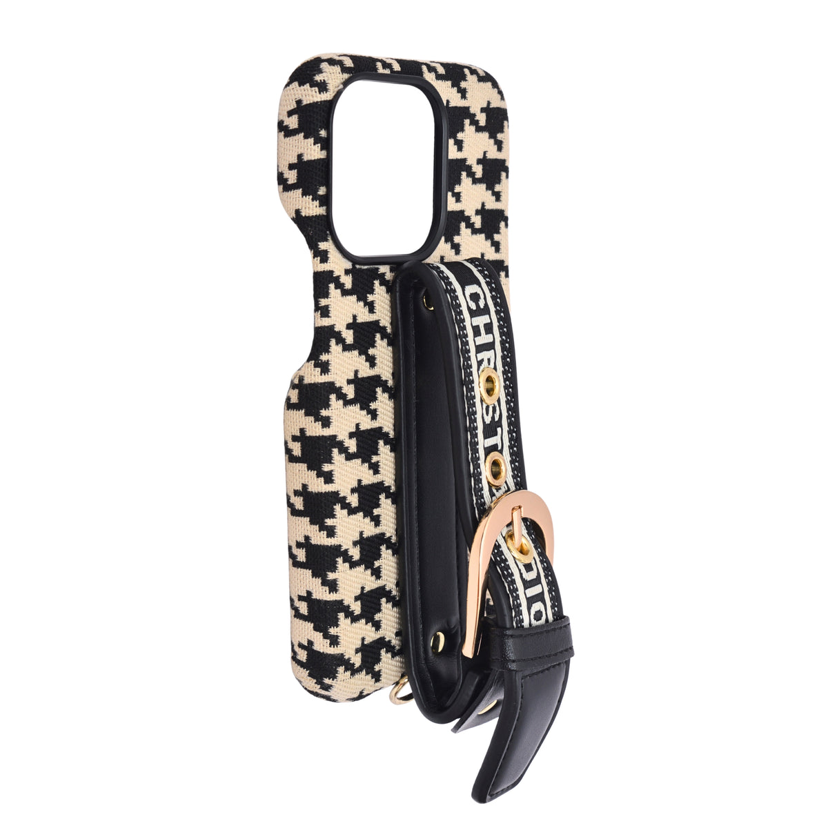 Dior Inspired Houndstooth Pattern with Adjustable Belt Buckle Holder Phone Case for iPhone 14 Pro