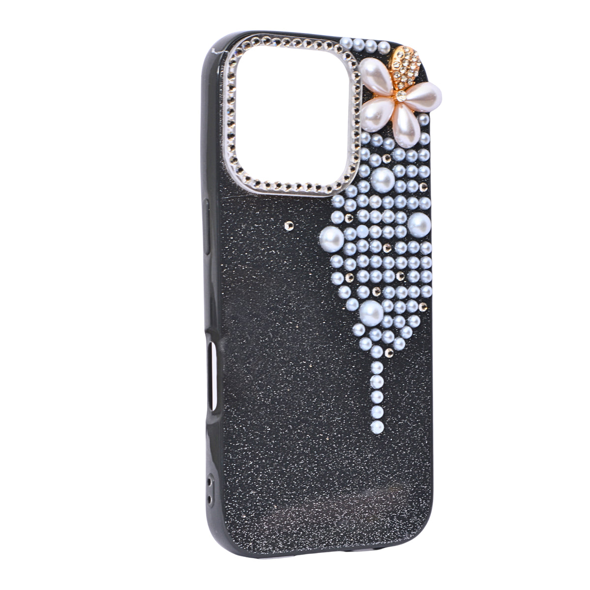 Luxury Glitter Finish with 3D Pearl Flower Design Phone Case for iPhone 16 Pro