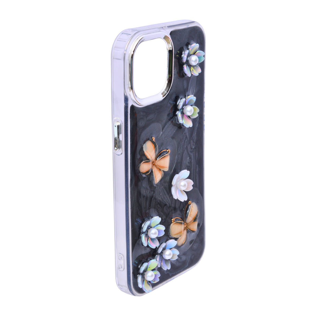 Luxury 3D Iridescent Pearl Flower & Butterfly Phone Case for iPhone 15