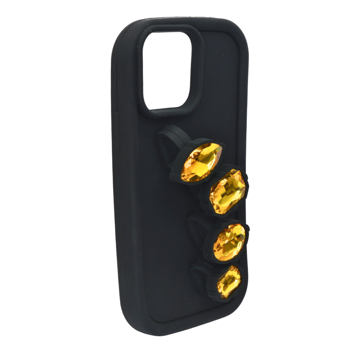 Luxury Crystal Gems with Fingers Grip Black Phone Case for iPhone 13 Pro Max / 14 Pro Max / 15 Pro Max