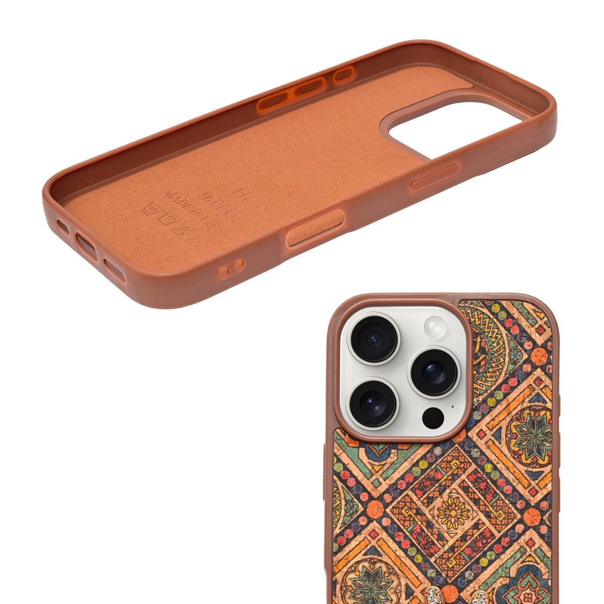 Bohemian Ethnic Print Cork Texture with Pearl Detail Phone Case for iPhone 16 Pro