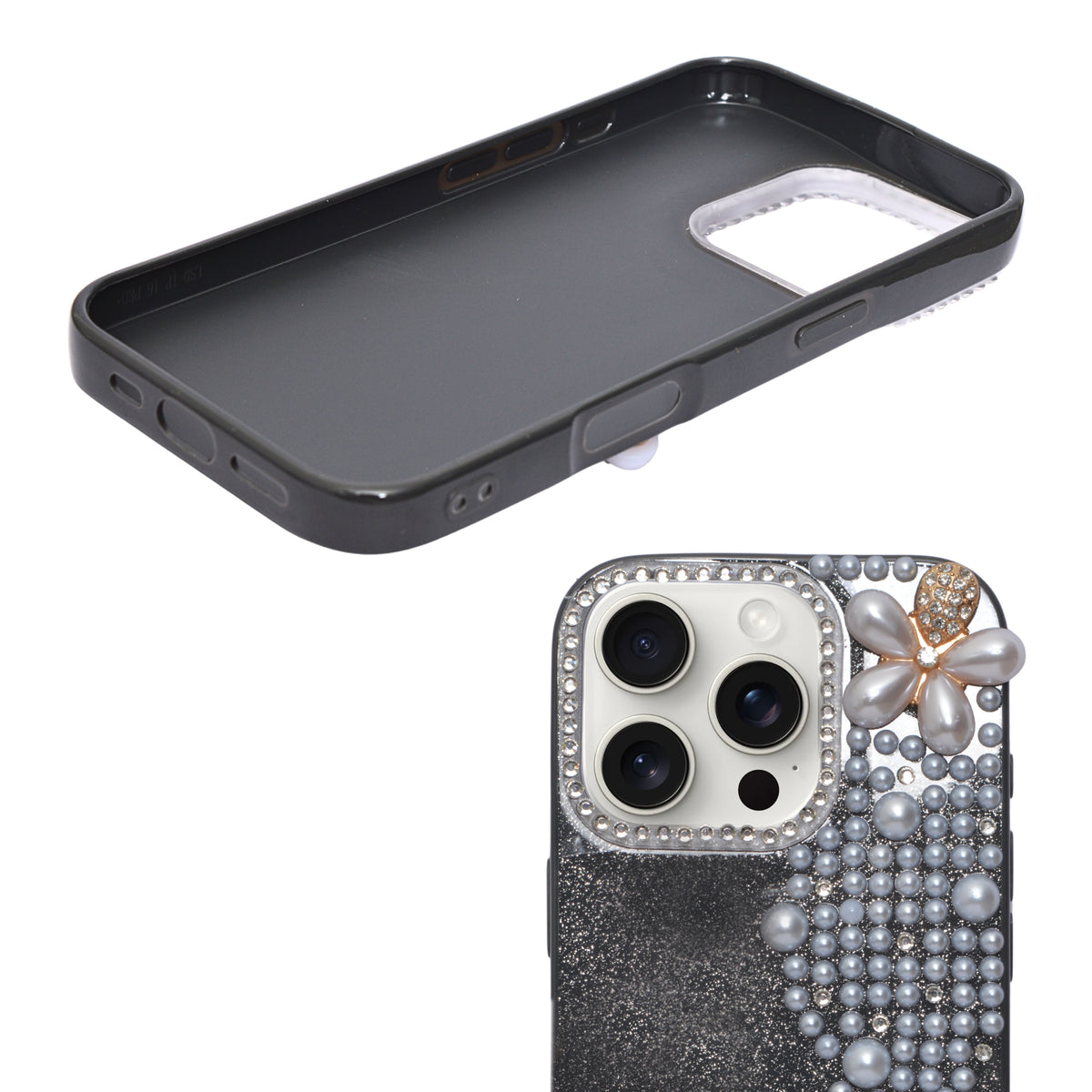 Luxury Glitter Finish with 3D Pearl Flower Design Phone Case for iPhone 16 Pro