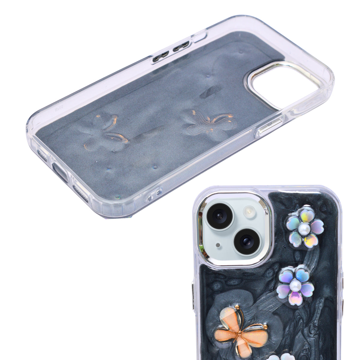 Luxury 3D Iridescent Pearl Flower & Butterfly Phone Case for iPhone 15