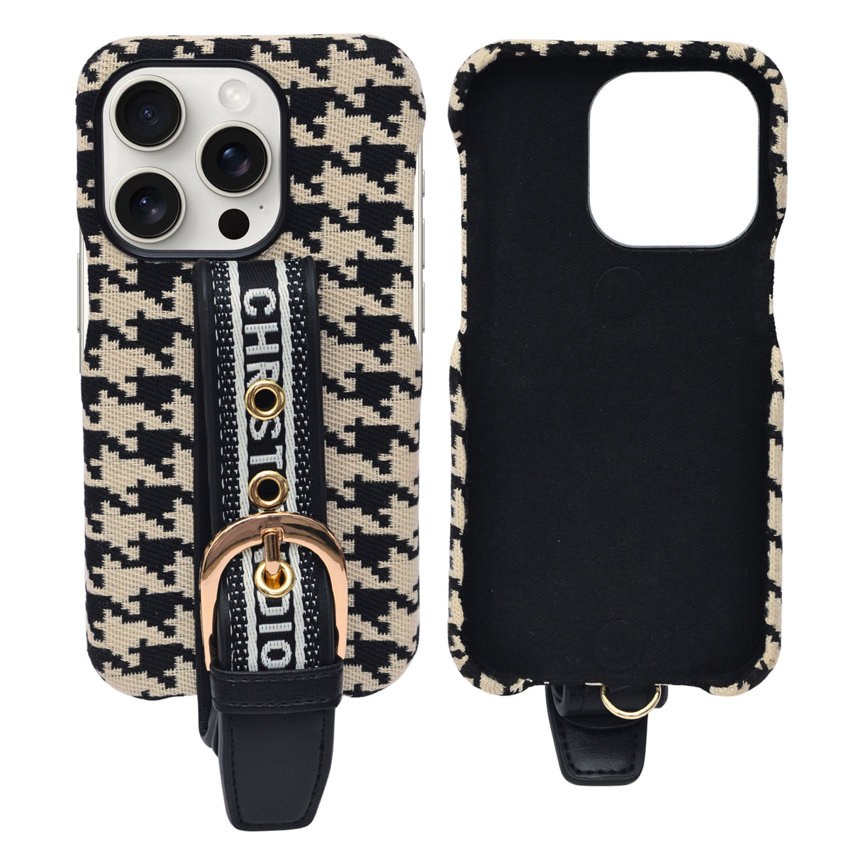 Dior Inspired Houndstooth Pattern with Adjustable Belt Buckle Holder Phone Case for iPhone 14 Pro