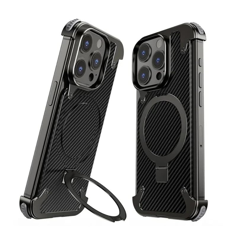 Frameless Carbon Fiber Metal Bumper Case with MagSafe Ring Stand – For iPhone 16 Pro / 16 Pro Max