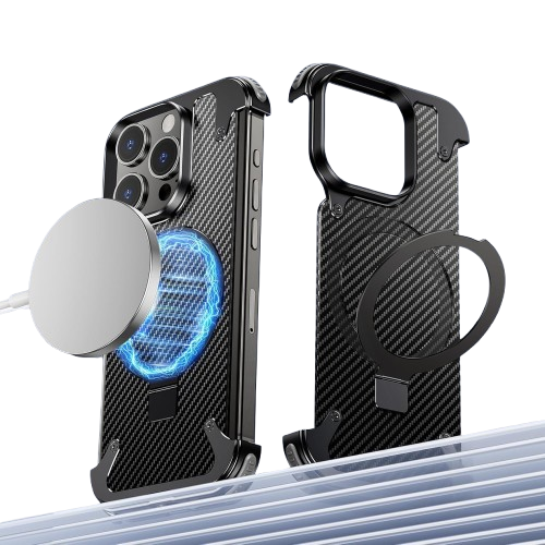 Frameless Carbon Fiber Metal Bumper Case with MagSafe Ring Stand – For iPhone 16 Pro / 16 Pro Max