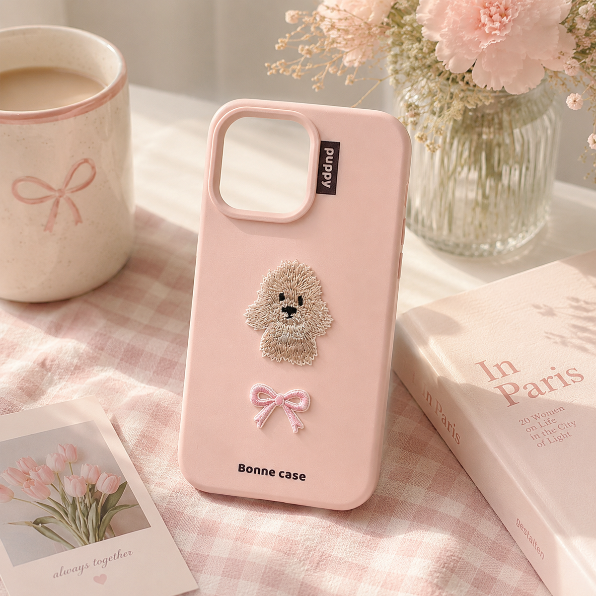 Aesthetic Pastel Pink Embroidered Puppy & Ribbon Bow Case