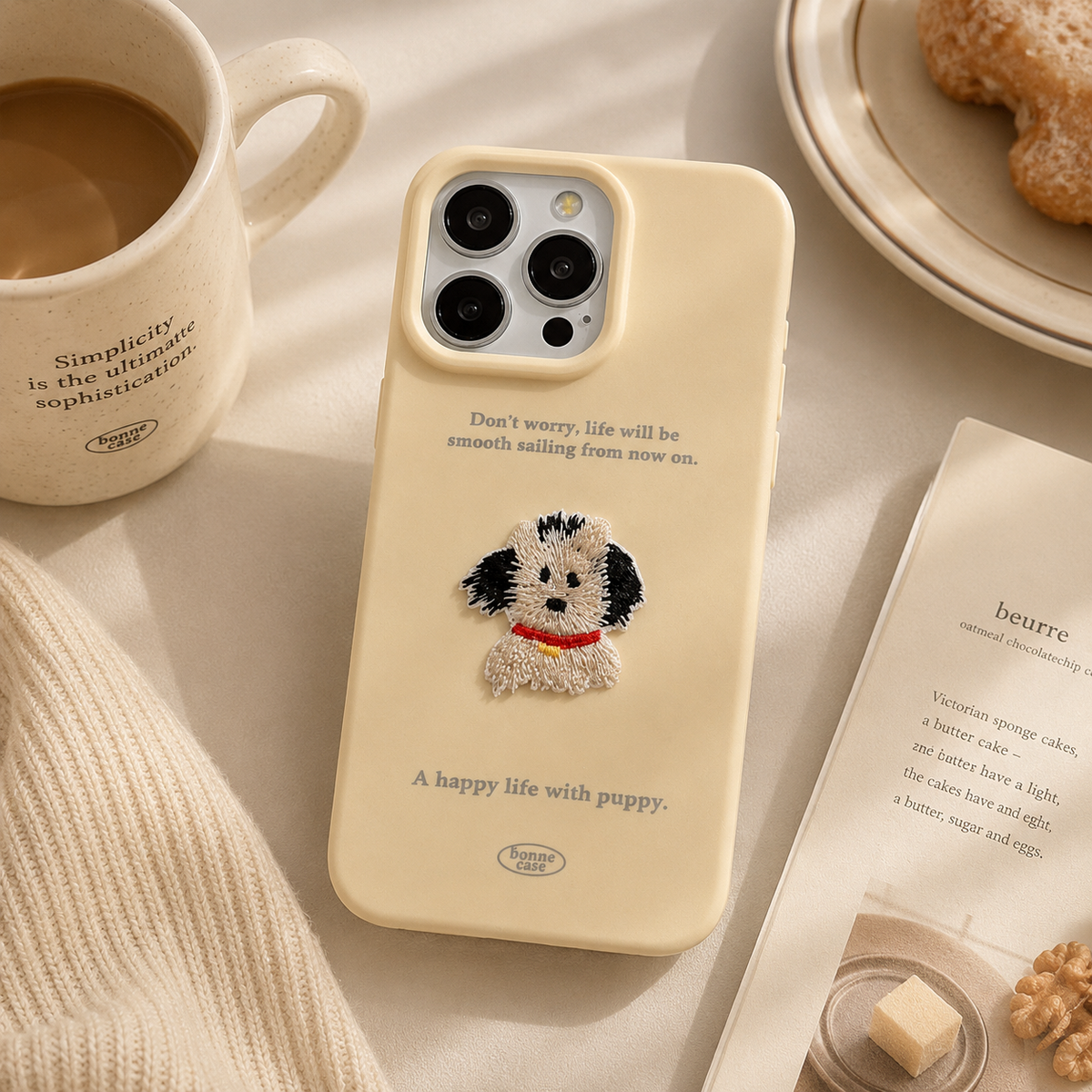 Cream Yellow Embroidered Red-Collar Puppy Case