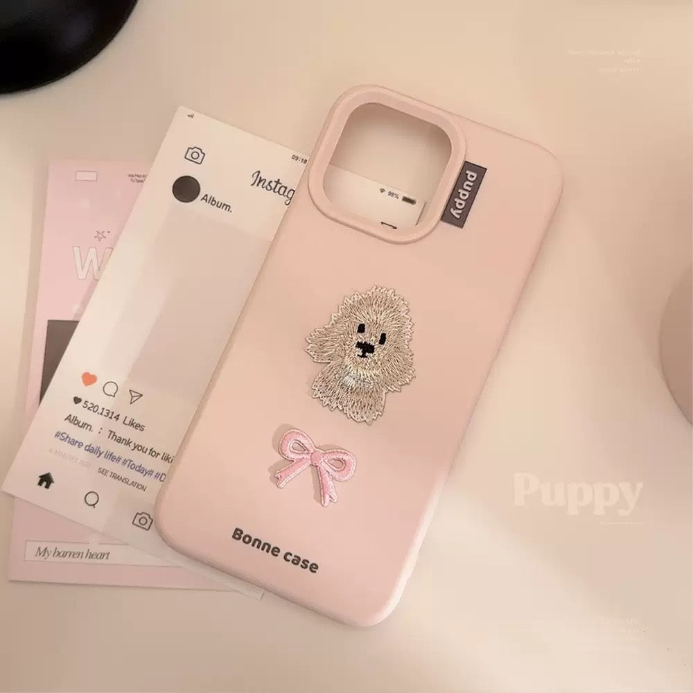 Aesthetic Pastel Pink Embroidered Puppy & Ribbon Bow Case