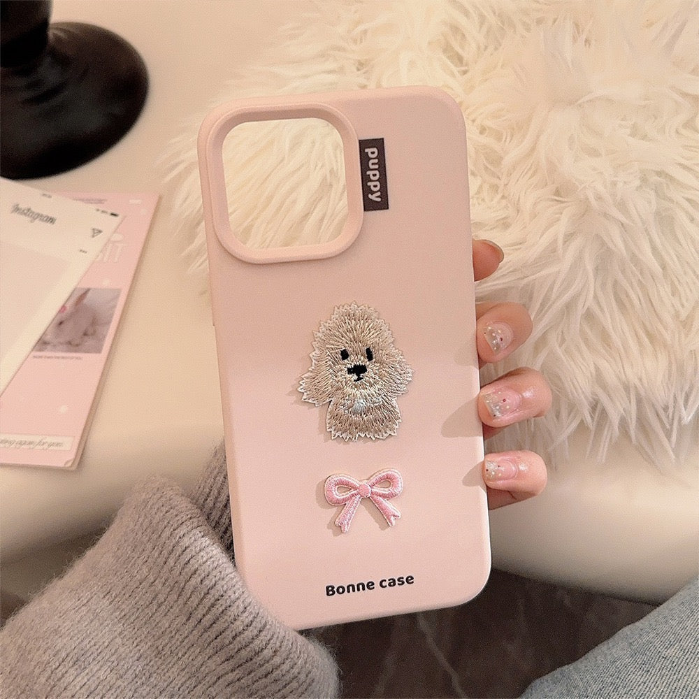Aesthetic Pastel Pink Embroidered Puppy & Ribbon Bow Case