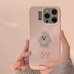 Aesthetic Pastel Pink Embroidered Puppy & Ribbon Bow Case
