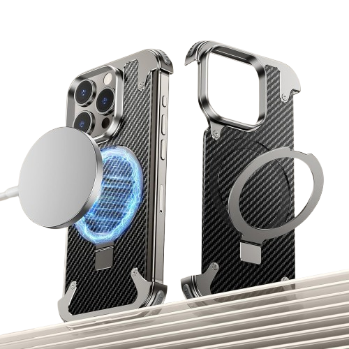 Frameless Carbon Fiber Metal Bumper Case with MagSafe Ring Stand – For iPhone 16 Pro / 16 Pro Max