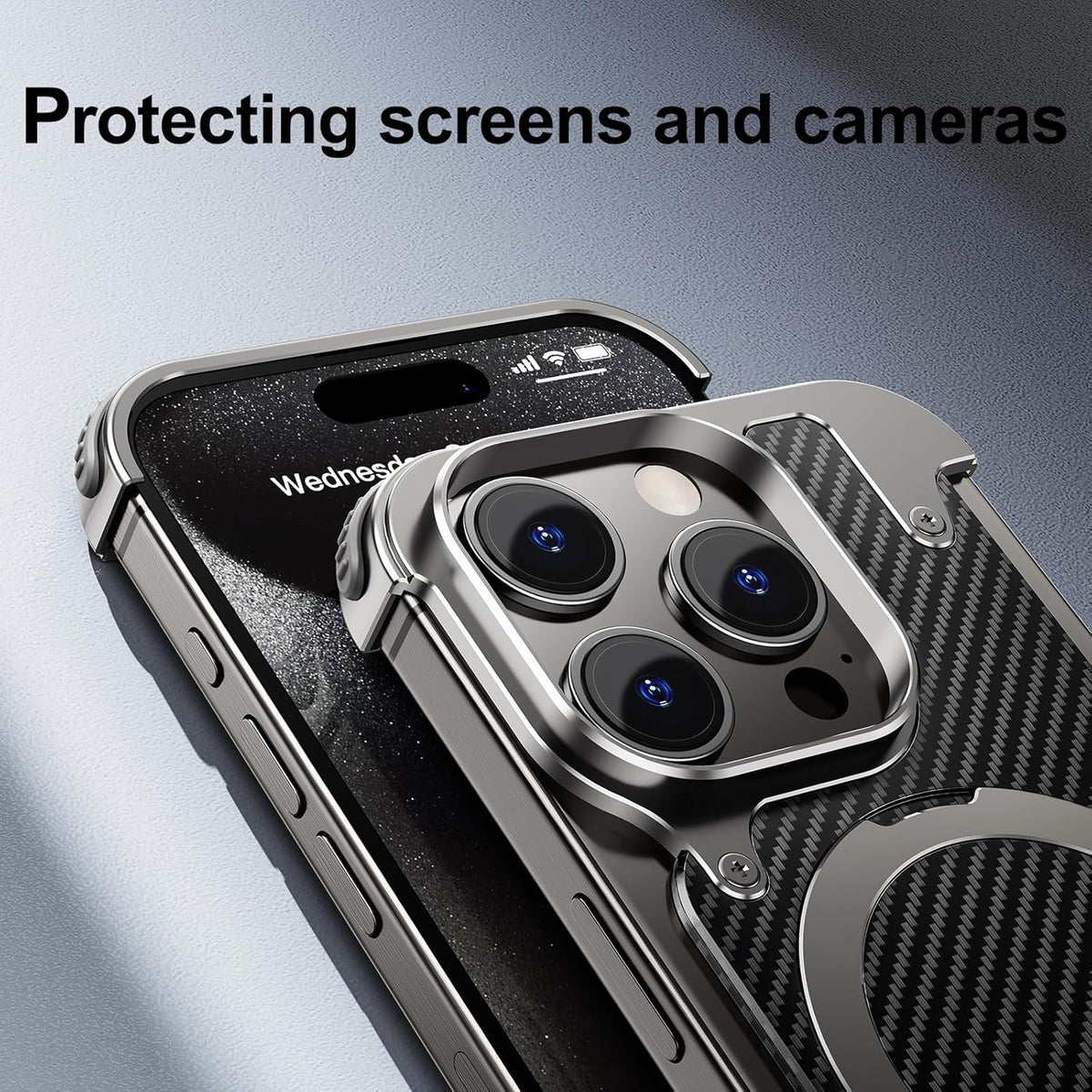 Frameless Carbon Fiber Metal Bumper Case with MagSafe Ring Stand – For iPhone 16 Pro / 16 Pro Max