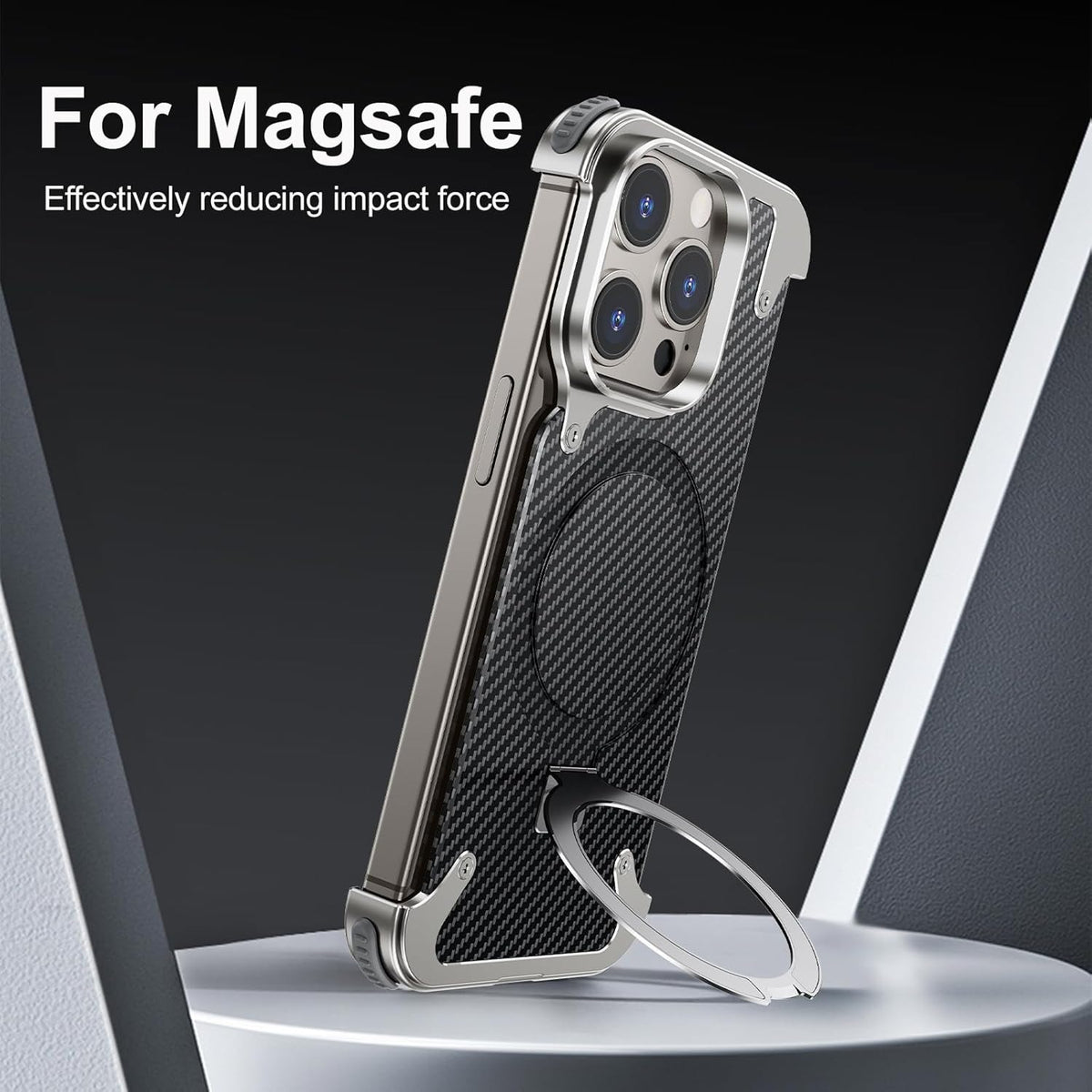 Frameless Carbon Fiber Metal Bumper Case with MagSafe Ring Stand – For iPhone 16 Pro / 16 Pro Max