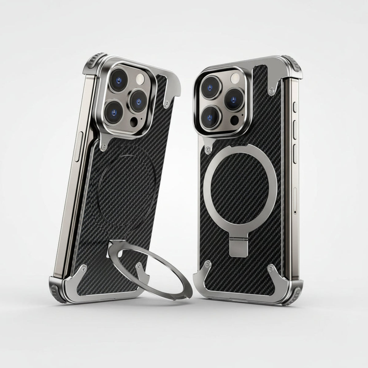 Frameless Carbon Fiber Metal Bumper Case with MagSafe Ring Stand – For iPhone 16 Pro / 16 Pro Max