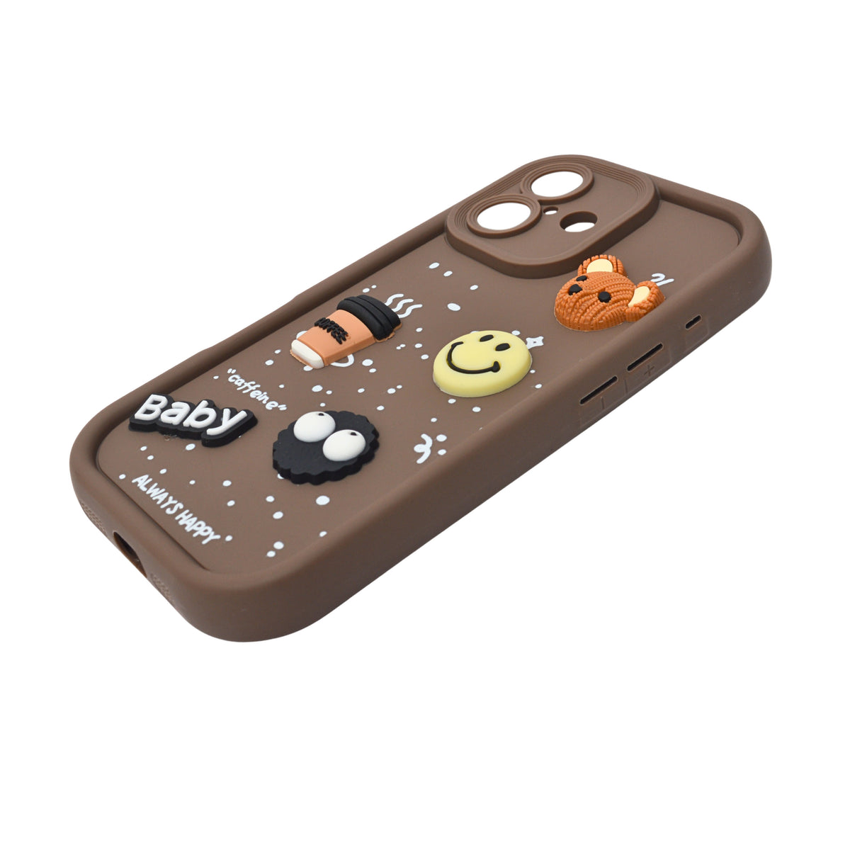 Adorable Coffee Vibe 3D Patch Silicone Phone Case with Cute Bear and Smiley for iPhone 16