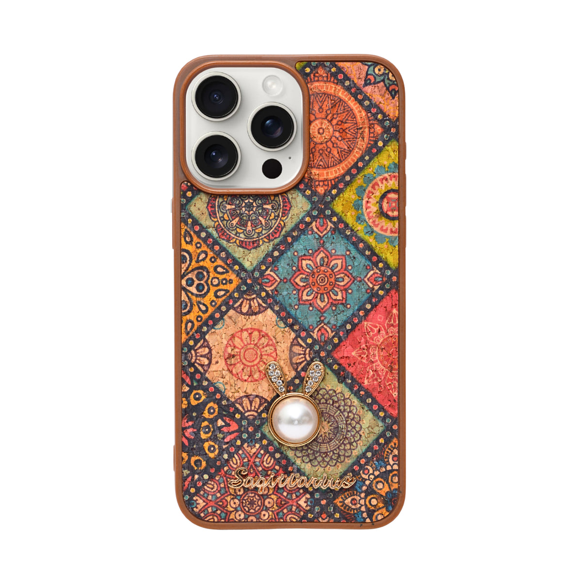 Bohemian Ethnic Print Cork Texture with Pearl Detail Phone Case for iPhone 15 Pro Max