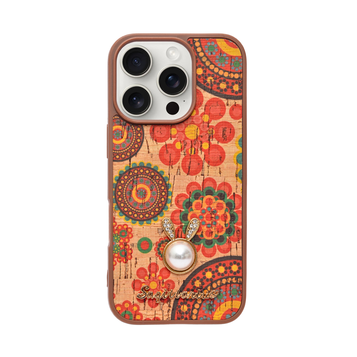 Bohemian Ethnic Print Cork Texture with Pearl Detail Phone Case for iPhone 16 Pro