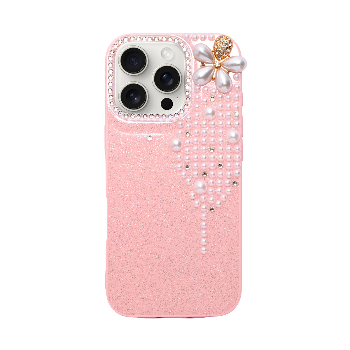 Luxury Glitter Finish with 3D Pearl Flower Design Phone Case for iPhone 16 Pro