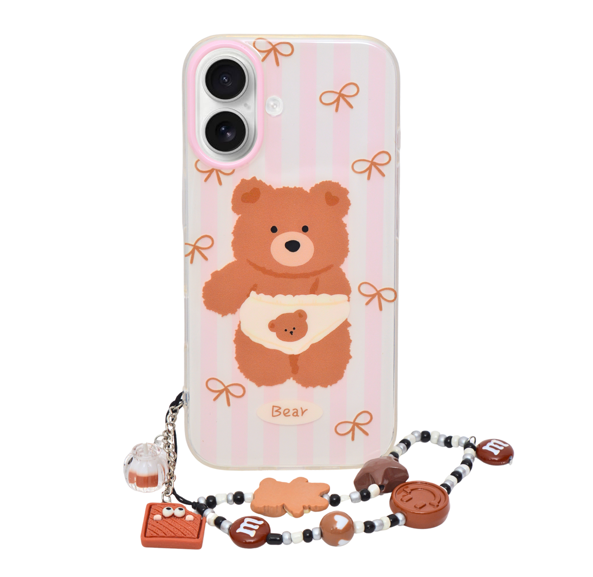 Cute Teddy Bear Soft Phone Case with Beaded Charm for iPhone 16