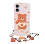Cute Teddy Bear Soft Phone Case with Beaded Charm for iPhone 16