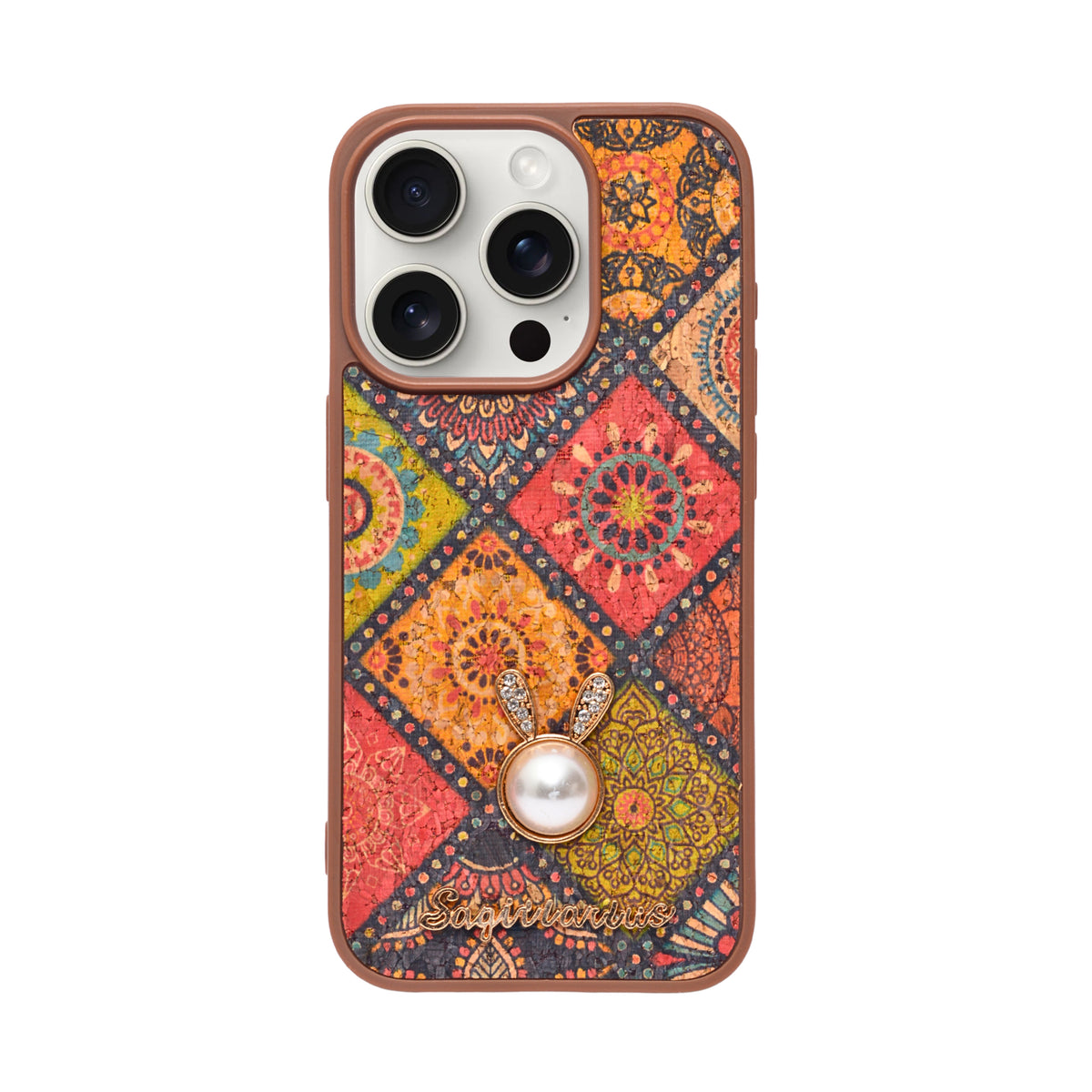 Bohemian Ethnic Print Cork Texture with Pearl Detail Phone Case for iPhone 15 Pro