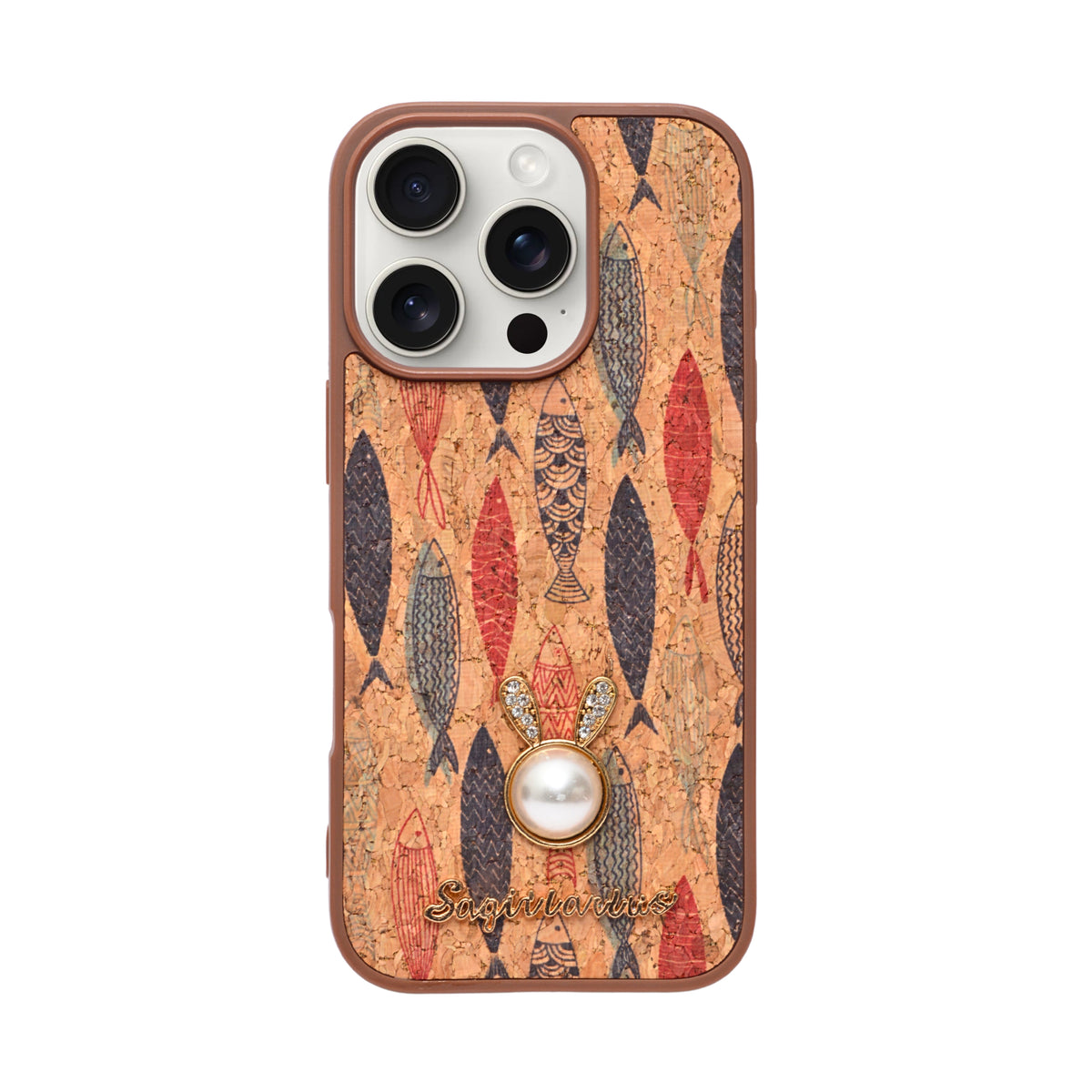 Bohemian Ethnic Print Cork Texture with Pearl Detail Phone Case for iPhone 16 Pro