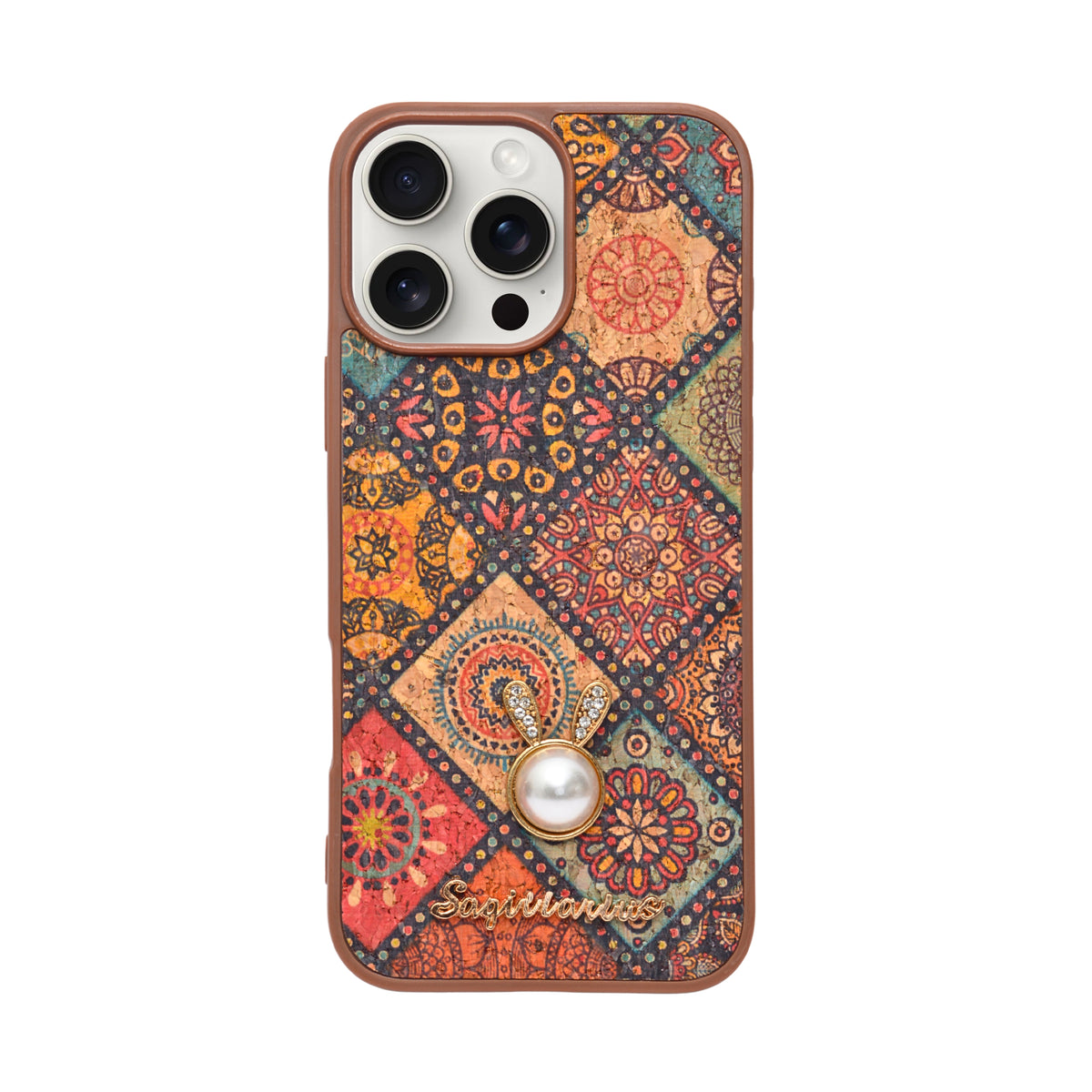 Bohemian Ethnic Print Cork Texture with Pearl Detail Phone Case for iPhone 16 Pro Max