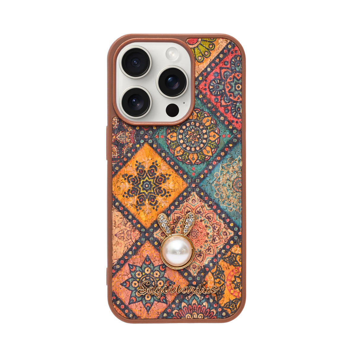 Bohemian Ethnic Print Cork Texture with Pearl Detail Phone Case for iPhone 14 Pro