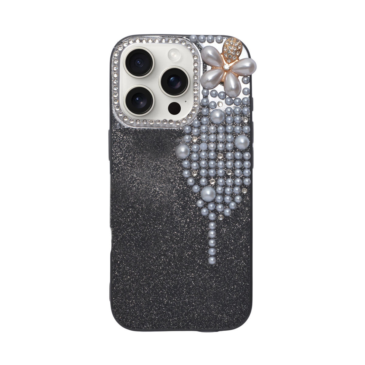 Luxury Glitter Finish with 3D Pearl Flower Design Phone Case for iPhone 16 Pro