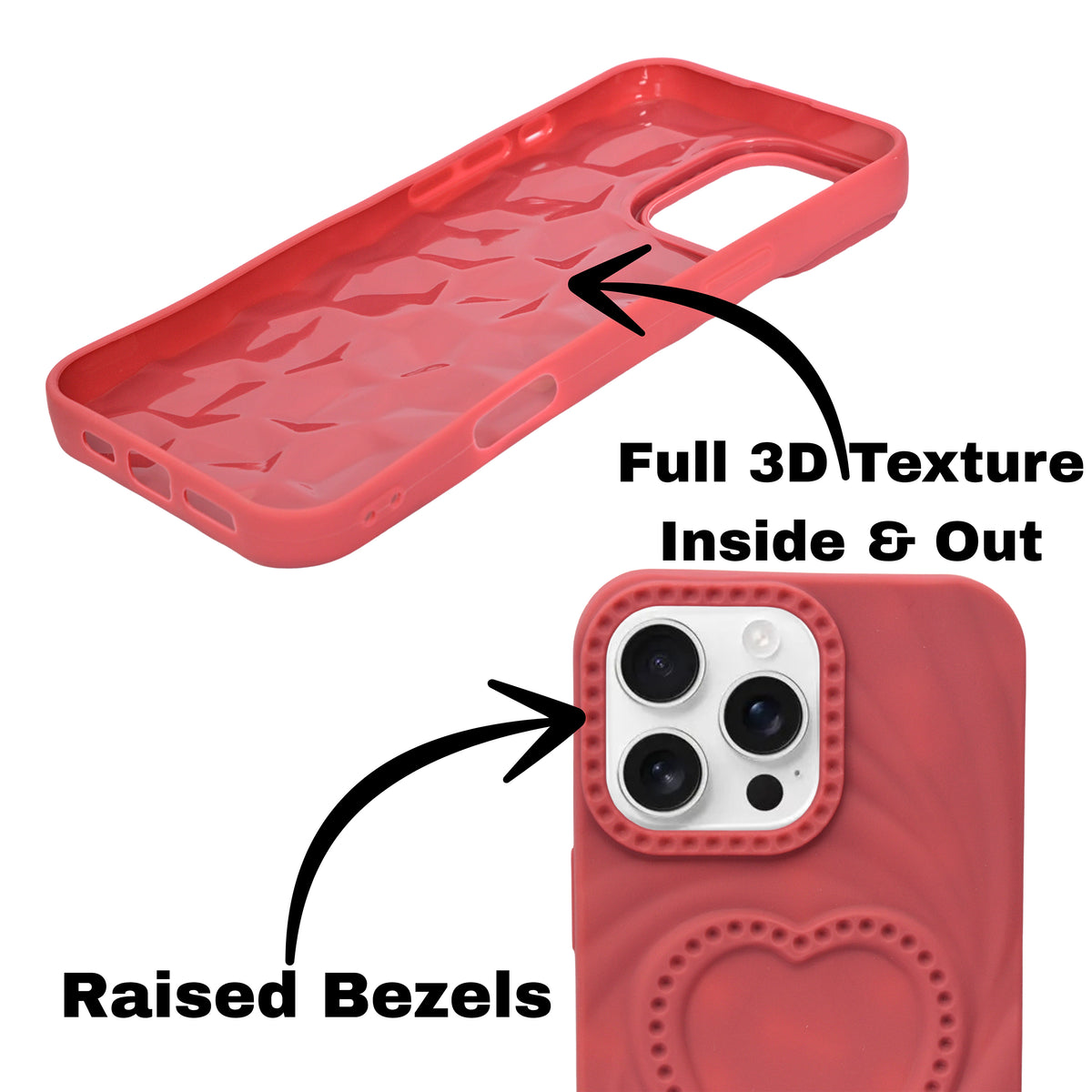 3D Heart Design Soft Silicone Protective Case for iPhone 16 Pro