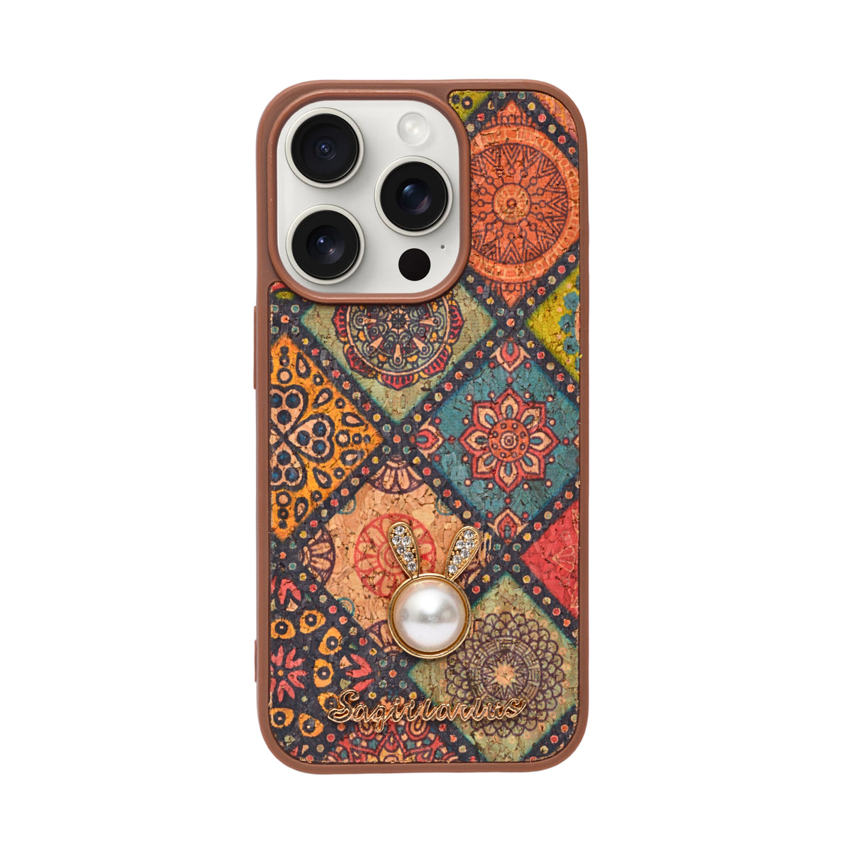 Bohemian Ethnic Print Cork Texture with Pearl Detail Phone Case for iPhone 15 Pro