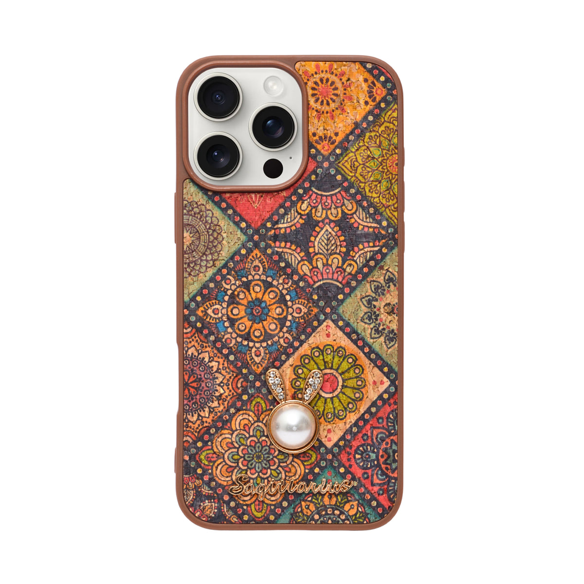 Bohemian Ethnic Print Cork Texture with Pearl Detail Phone Case for iPhone 16 Pro Max