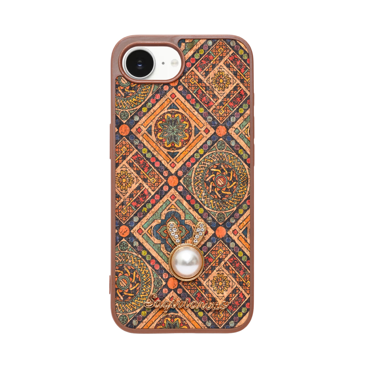Bohemian Ethnic Print Cork Texture with Pearl Detail Phone Case for iPhone 16e
