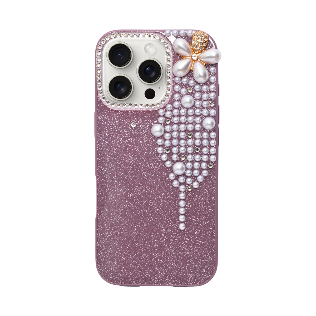 Luxury Glitter Finish with 3D Pearl Flower Design Phone Case for iPhone 16 Pro