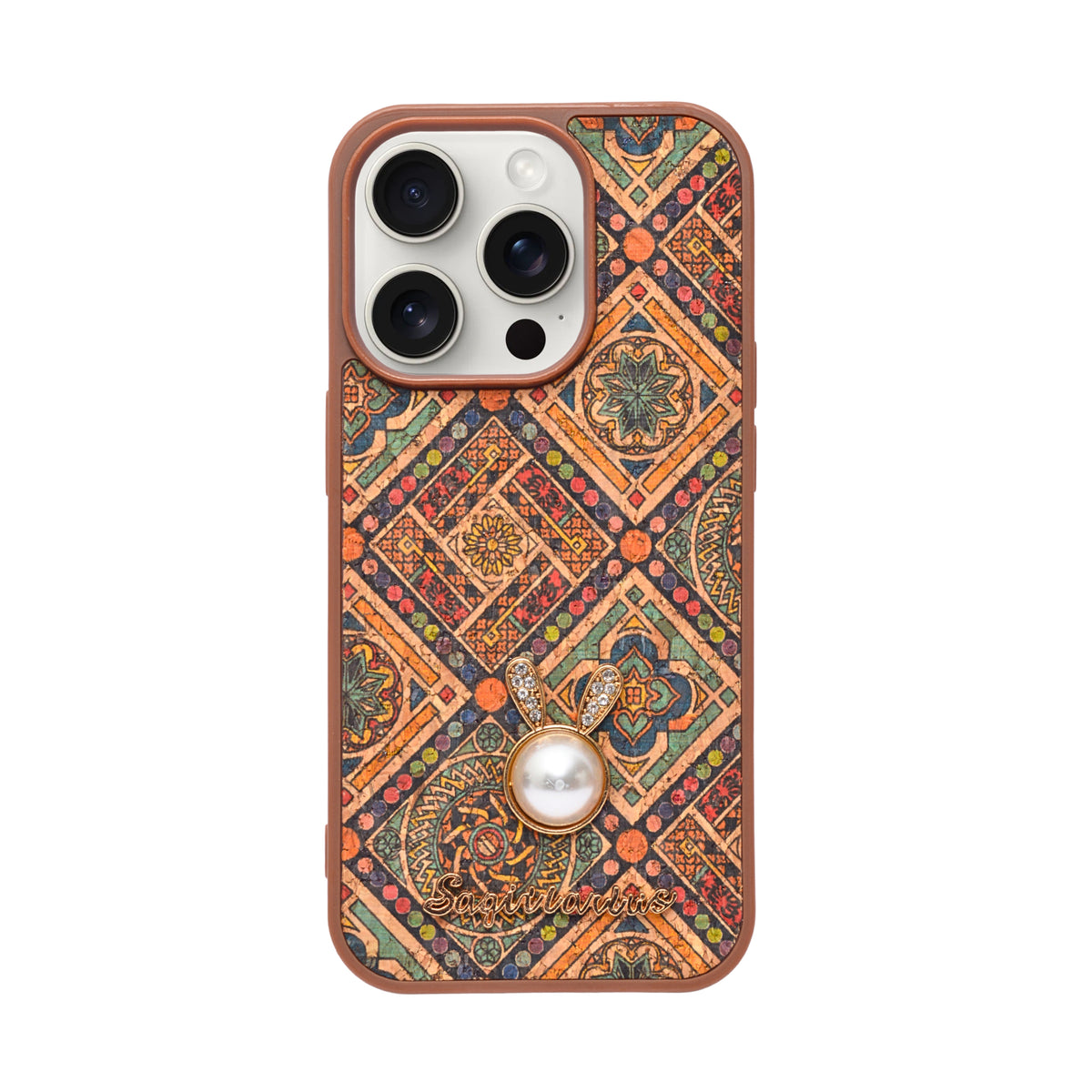 Bohemian Ethnic Print Cork Texture with Pearl Detail Phone Case for iPhone 14 Pro