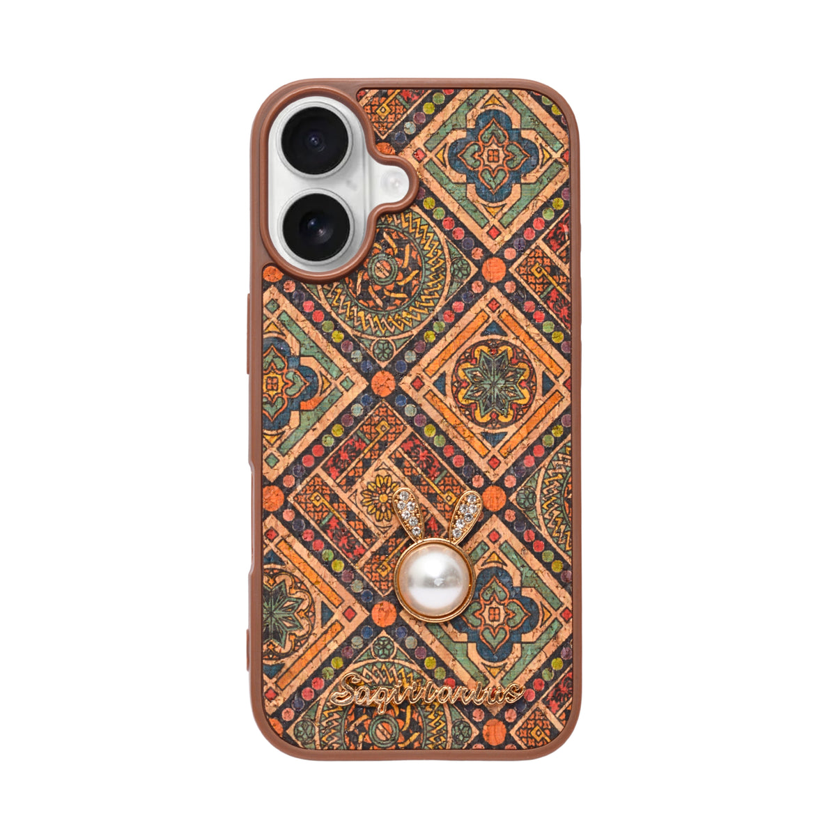 Bohemian Ethnic Print Cork Texture with Pearl Detail Phone Case for iPhone 16