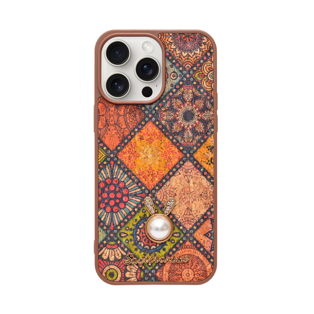 Bohemian Ethnic Print Cork Texture with Pearl Detail Phone Case for iPhone 14 Pro Max